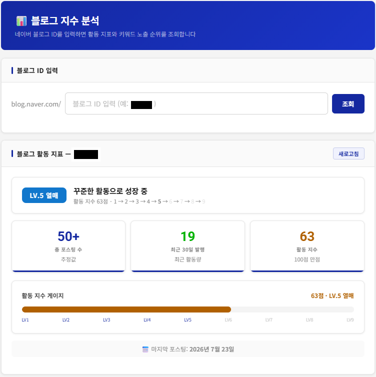활동 지수 63점과 레벨 표시 화면