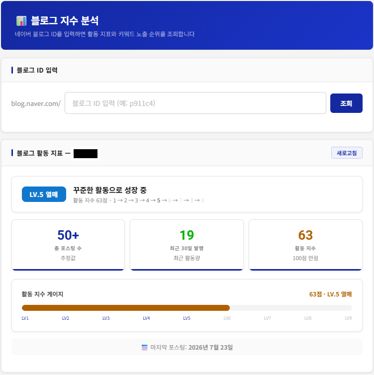 활동 지수 63점과 레벨 표시 화면