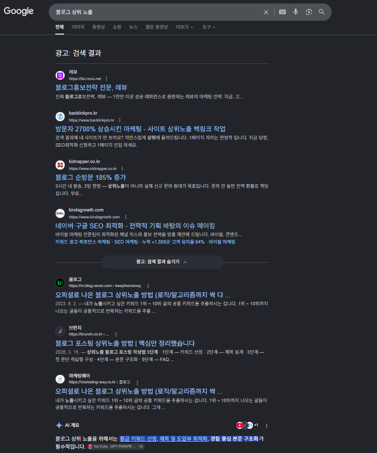 블로그 상위 노출 검색 결과 첫 화면